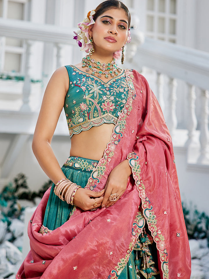 Seagreen - Satin Sequinse embroidery Semi-Stitched Lehenga choli & Dupatta - qivii