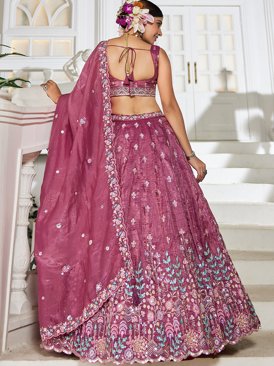Burgundy - Tissue Sequinse embroidery Semi-Stitched Lehenga choli & Dupatta - qivii
