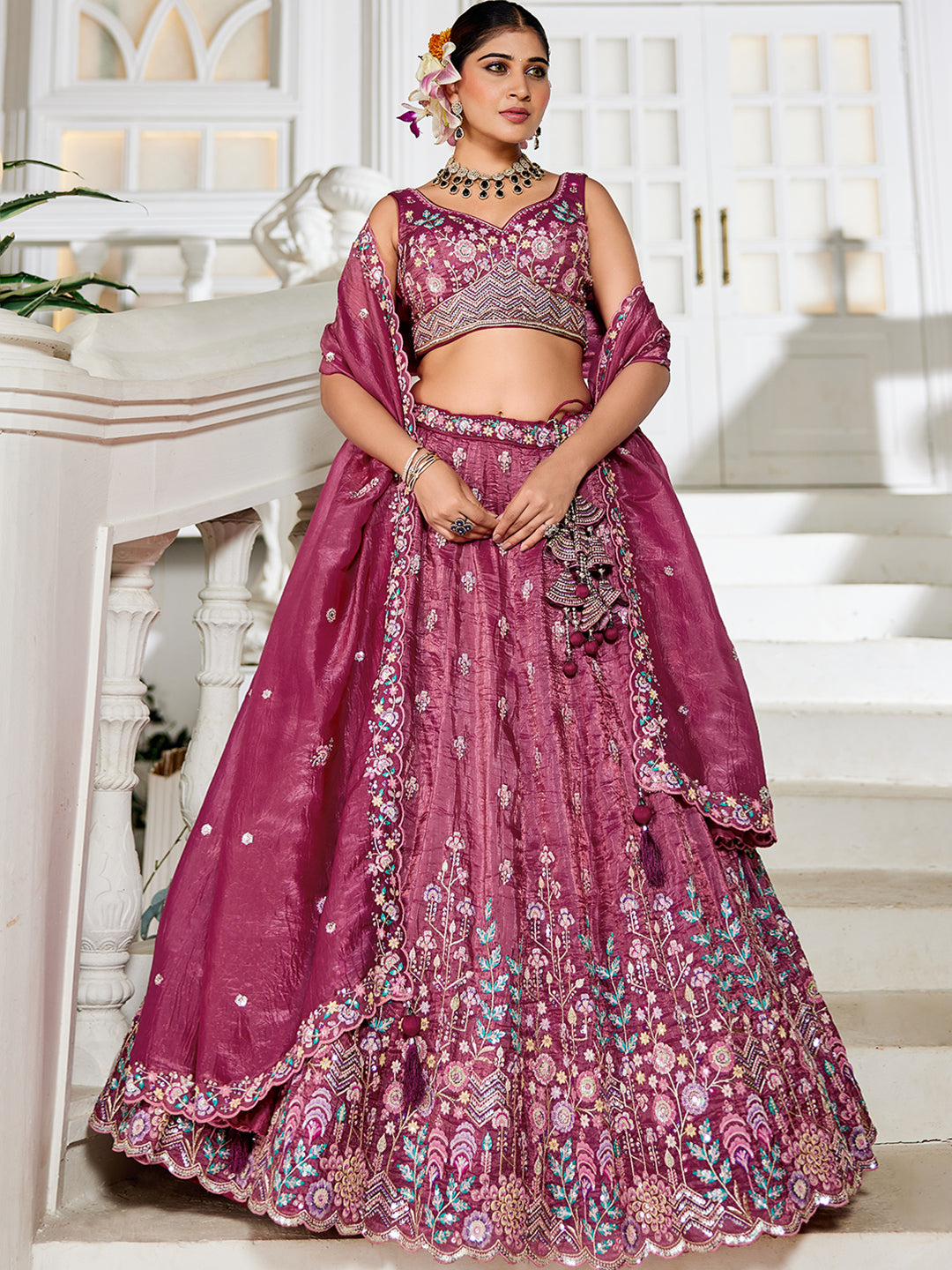 Burgundy - Tissue Sequinse embroidery Semi-Stitched Lehenga choli & Dupatta - qivii