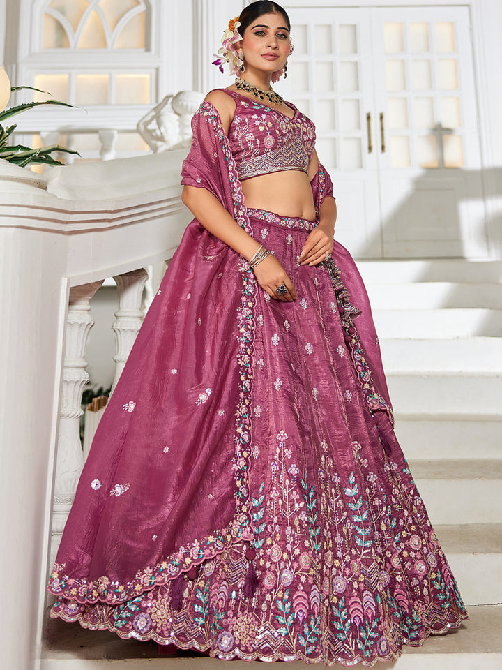 Burgundy - Tissue Sequinse embroidery Semi-Stitched Lehenga choli & Dupatta - qivii