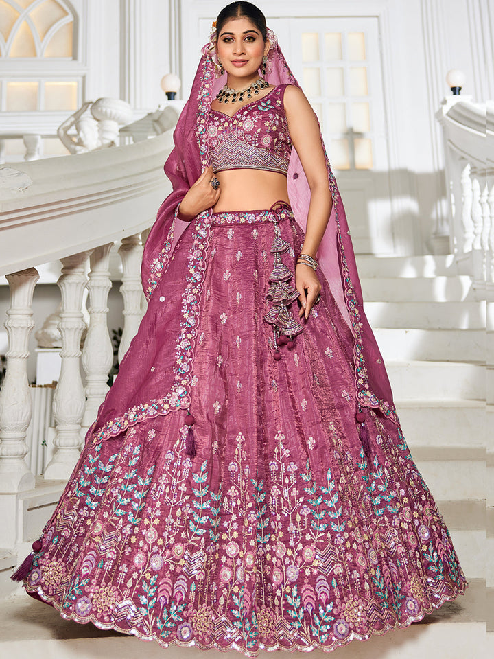 Burgundy - Tissue Sequinse embroidery Semi-Stitched Lehenga choli & Dupatta - qivii