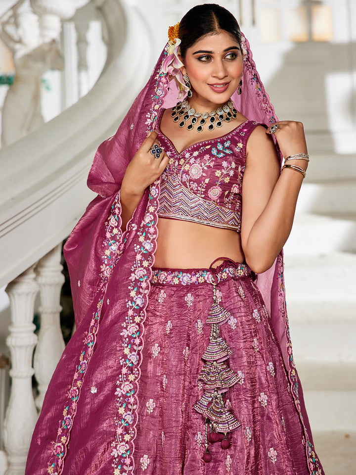 Burgundy - Tissue Sequinse embroidery Semi-Stitched Lehenga choli & Dupatta - qivii