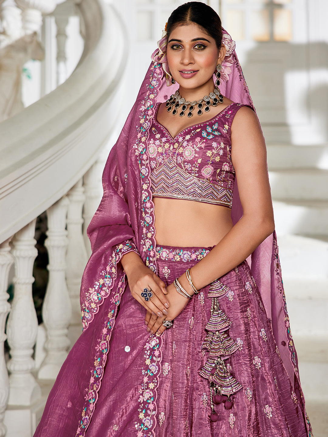 Burgundy - Tissue Sequinse embroidery Semi-Stitched Lehenga choli & Dupatta - qivii
