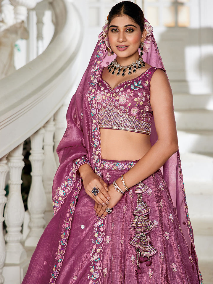 Burgundy - Tissue Sequinse embroidery Semi-Stitched Lehenga choli & Dupatta - qivii