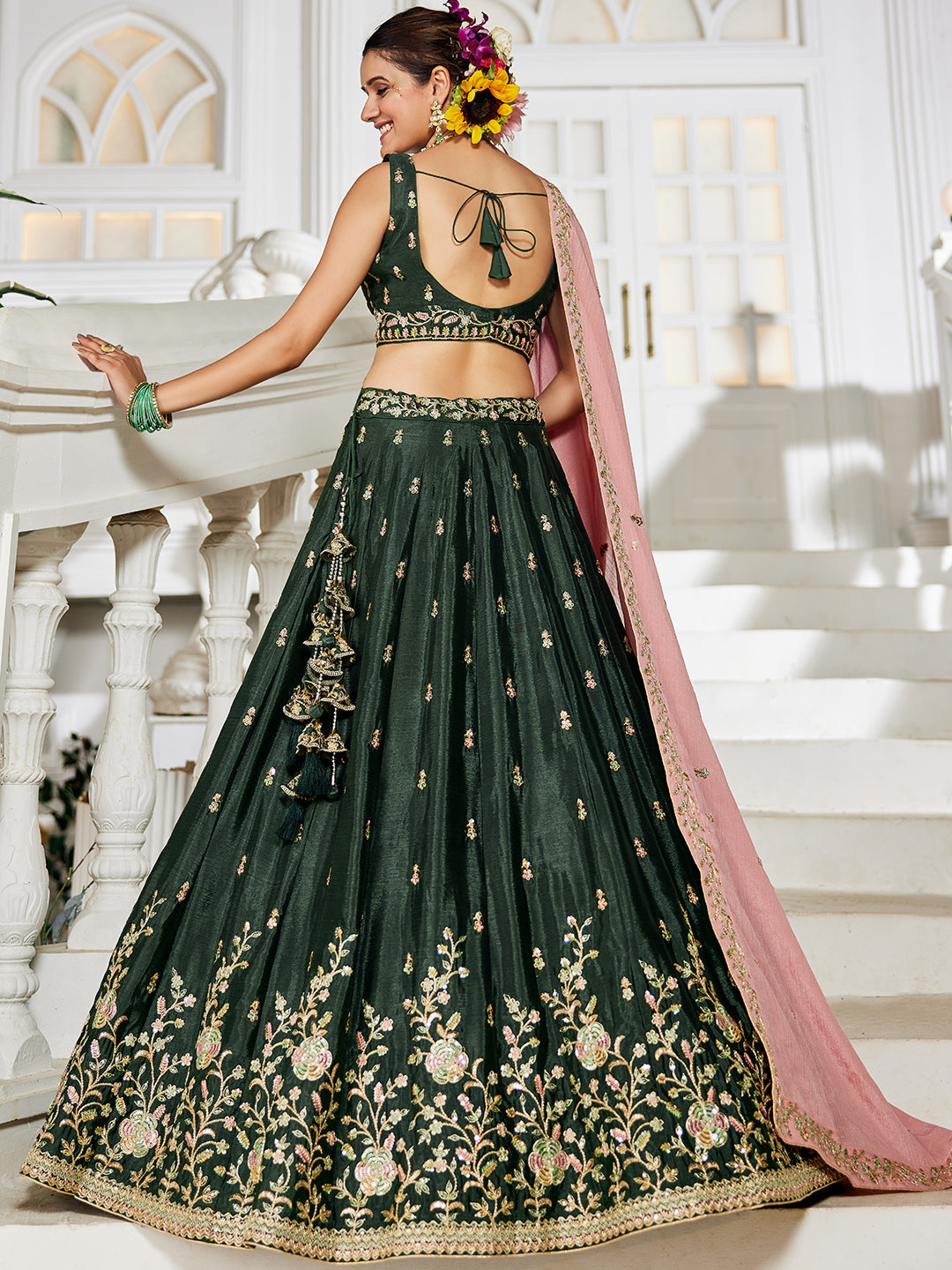Olive - Chiffon Sequinse embroidery Semi-Stitched Lehenga choli & Dupatta - qivii