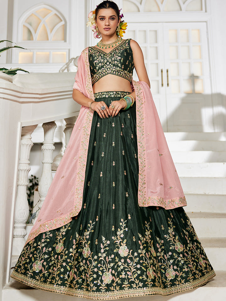 Olive - Chiffon Sequinse embroidery Semi-Stitched Lehenga choli & Dupatta - qivii