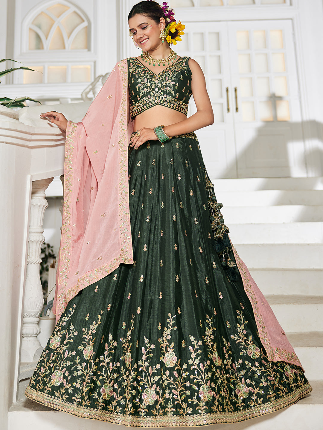 Olive - Chiffon Sequinse embroidery Semi-Stitched Lehenga choli & Dupatta - qivii