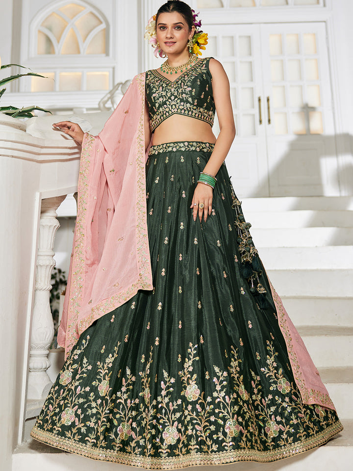 Olive - Chiffon Sequinse embroidery Semi-Stitched Lehenga choli & Dupatta - qivii