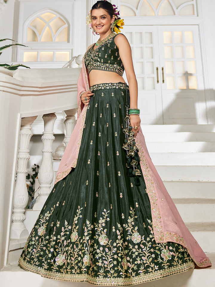 Olive - Chiffon Sequinse embroidery Semi-Stitched Lehenga choli & Dupatta - qivii
