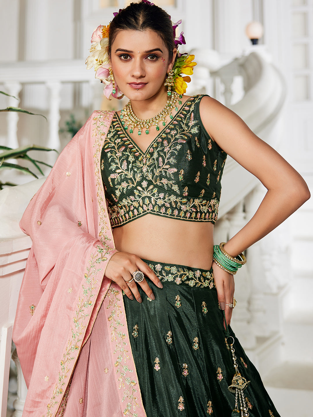Olive - Chiffon Sequinse embroidery Semi-Stitched Lehenga choli & Dupatta - qivii