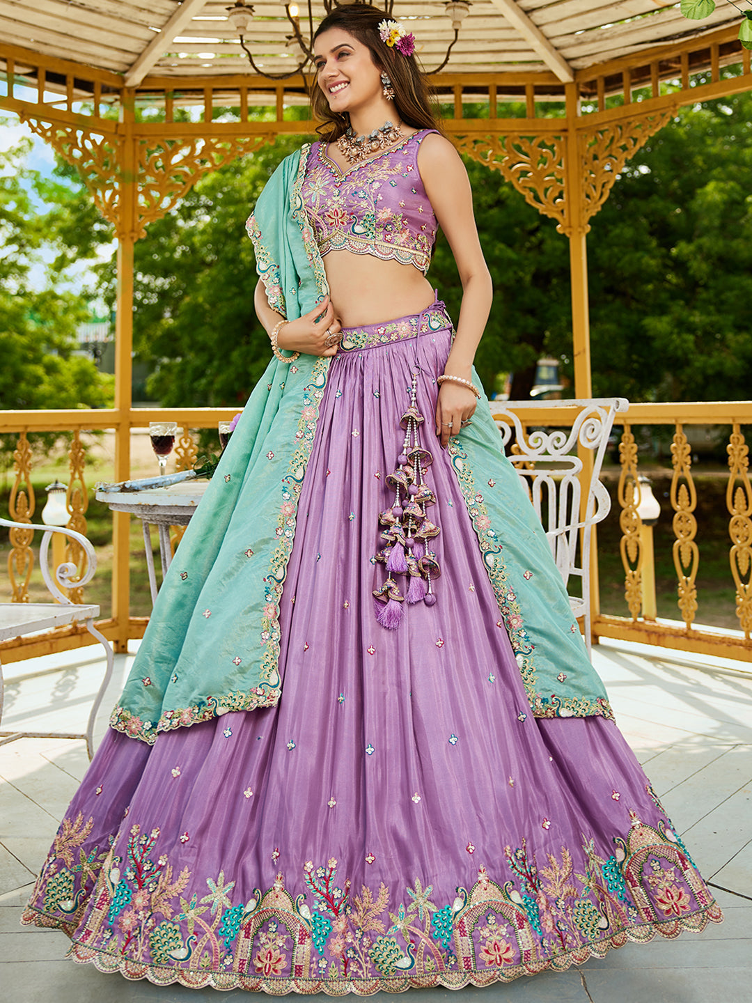 Lavender - Satin Sequinse embroidery Semi-Stitched Lehenga choli & Dupatta - qivii
