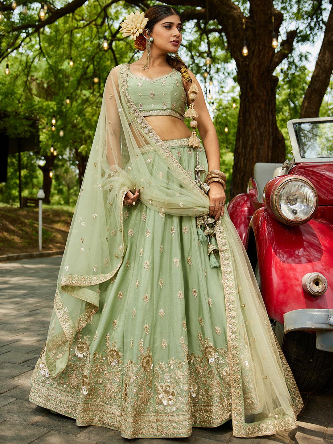 Limegreen - Chinnon Sequinse embroidery Semi-Stitched Lehenga choli & Dupatta - qivii