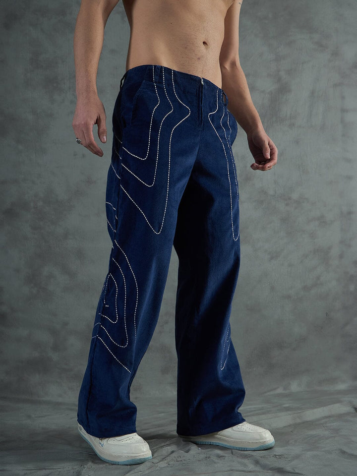 Navy Wavy Embroiedery Baggy Corduroy Trousers