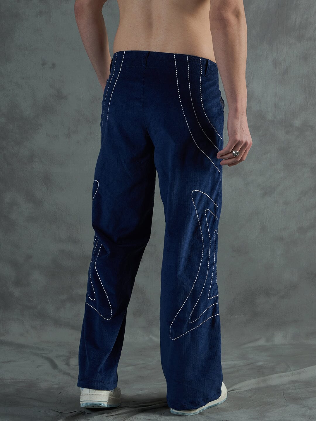Navy Wavy Embroiedery Baggy Corduroy Trousers