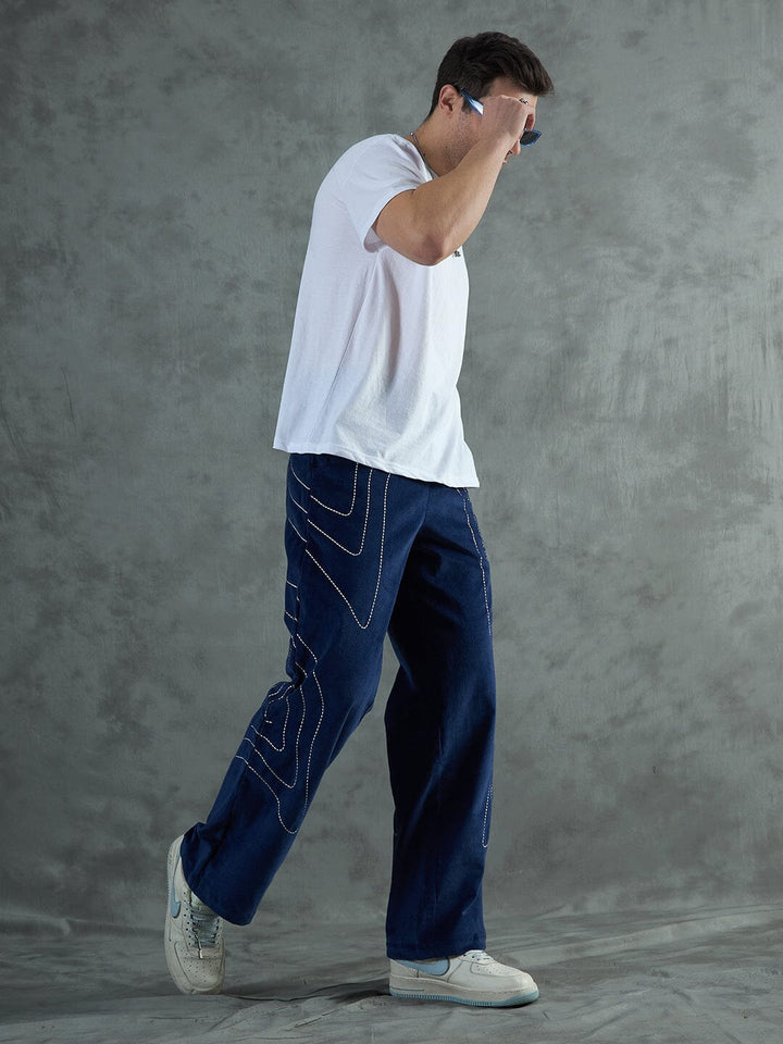 Navy Wavy Embroiedery Baggy Corduroy Trousers