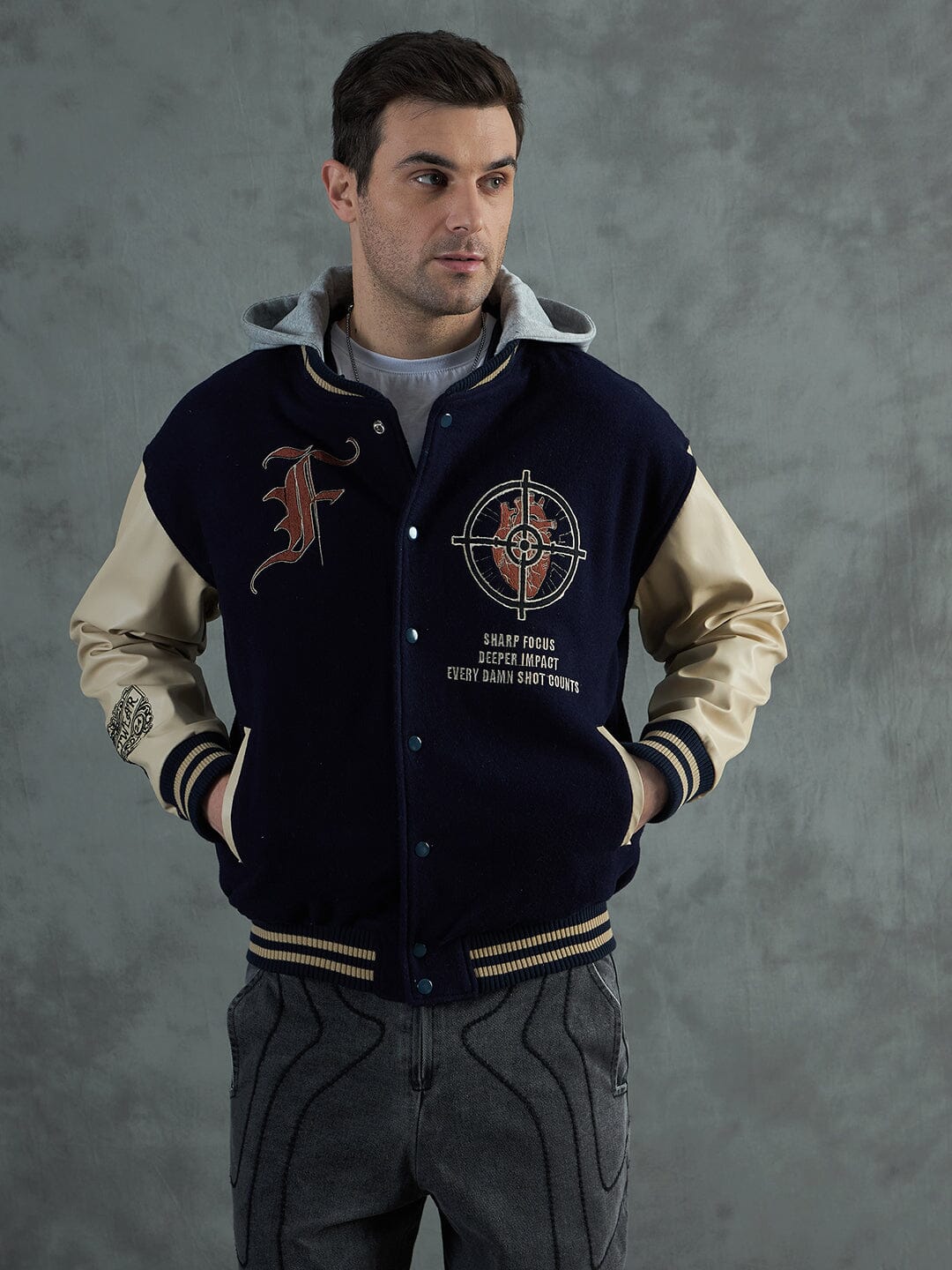 Navy Cupid Sniper Hooded Varsity Jacket