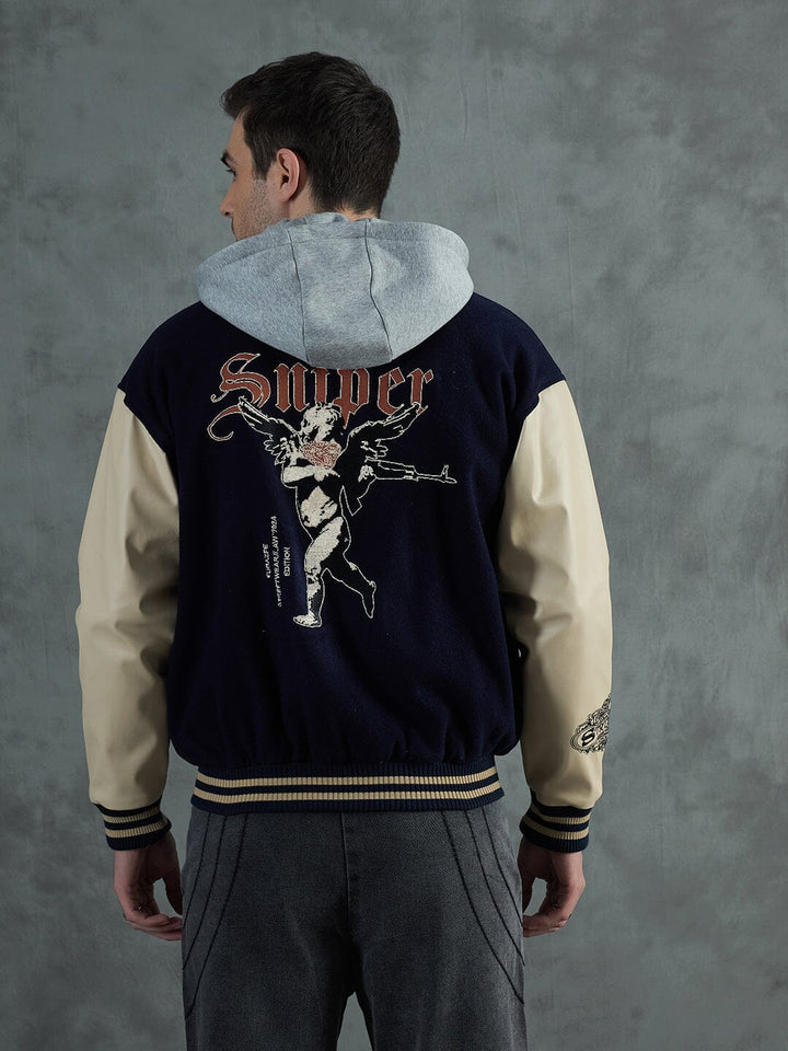 Navy Cupid Sniper Hooded Varsity Jacket