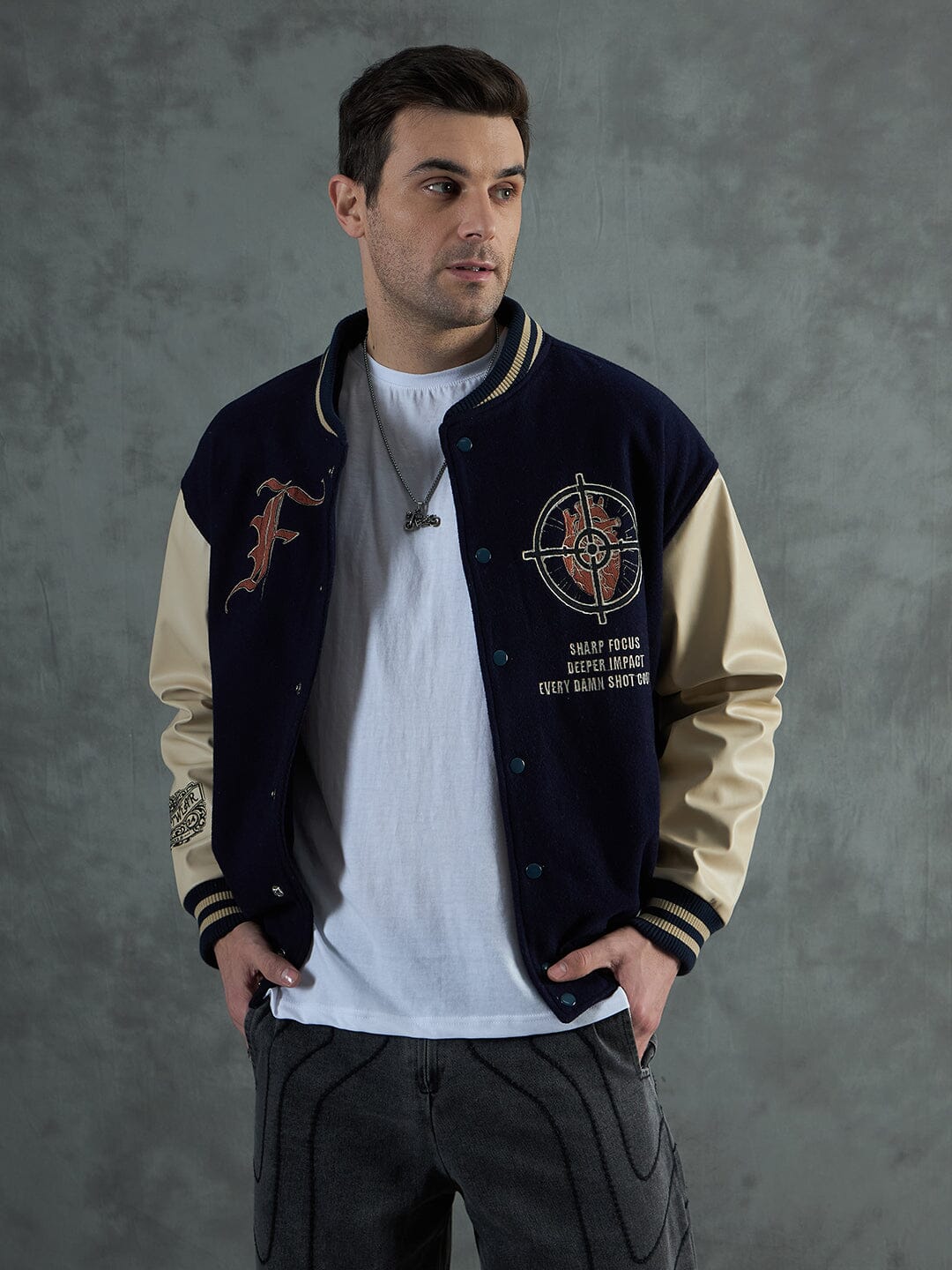 Navy Cupid Sniper Hooded Varsity Jacket