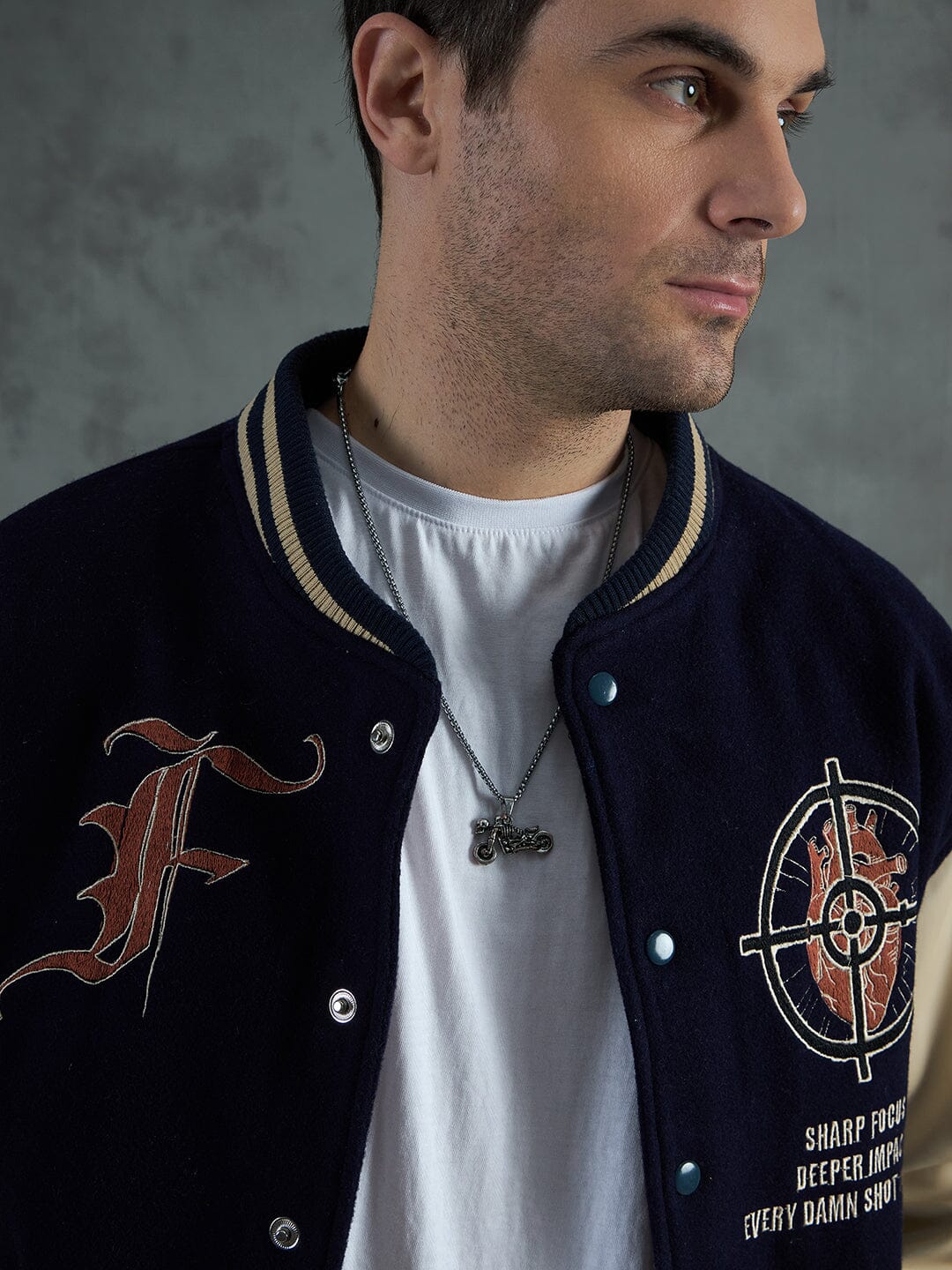 Navy Cupid Sniper Hooded Varsity Jacket