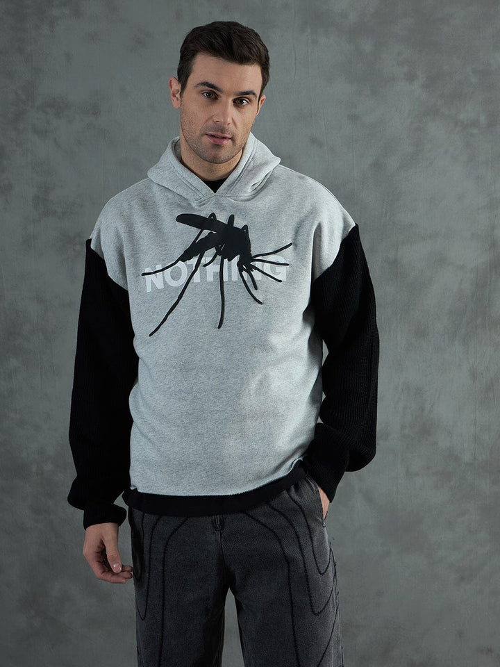 Grey Cropped Hoodie With Contrast Sleeves