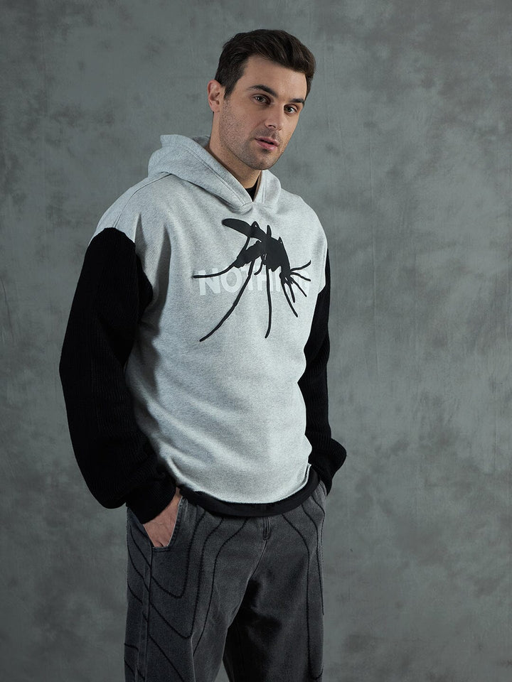 Grey Cropped Hoodie With Contrast Sleeves