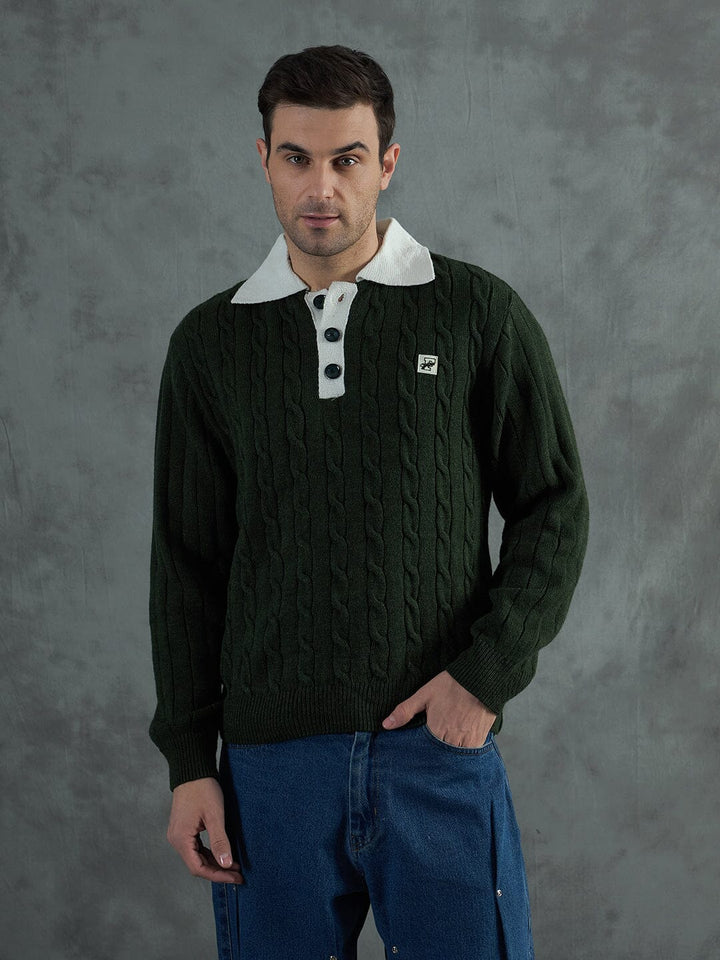 Green Cable Knit Polo Sweater
