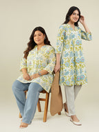 Plus Size Off White Pure Cotton Floral Printed A-line Tunic