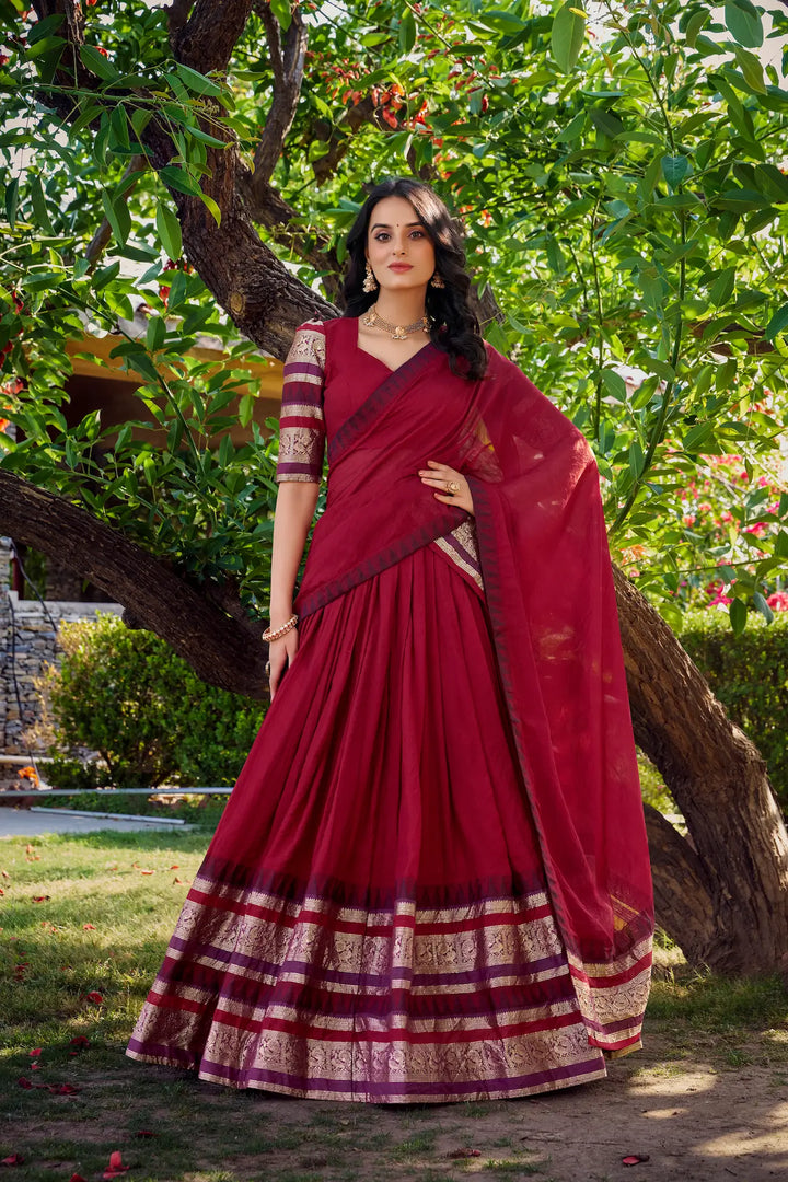 Red Chanderi Lehenga Choli With Zari Weaving Work - qivii