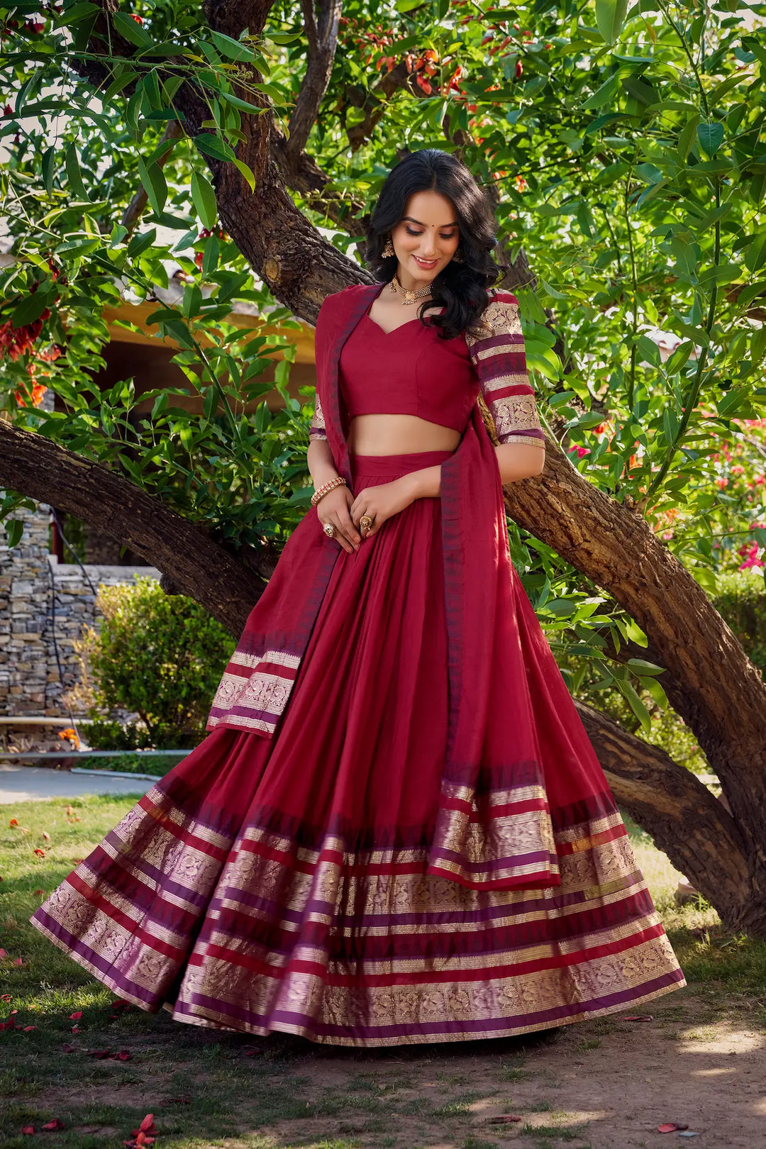Red Chanderi Lehenga Choli With Zari Weaving Work - qivii