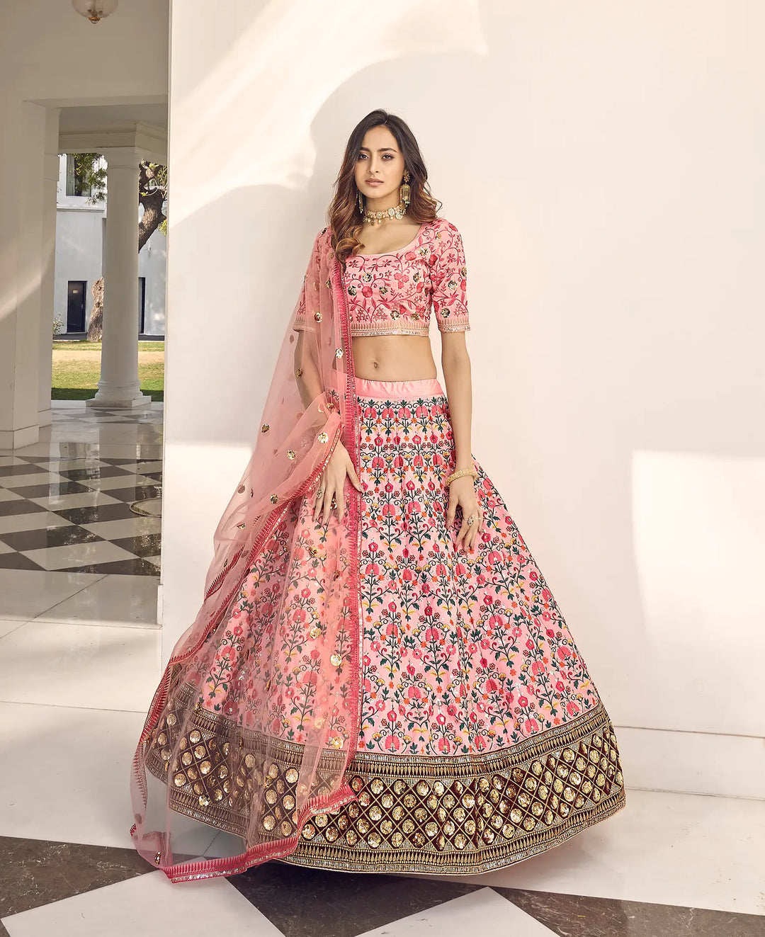 Pink Art Silk Thread with Sequence Embroidery Work Lehenga Choli | Ready To Wear - qivii