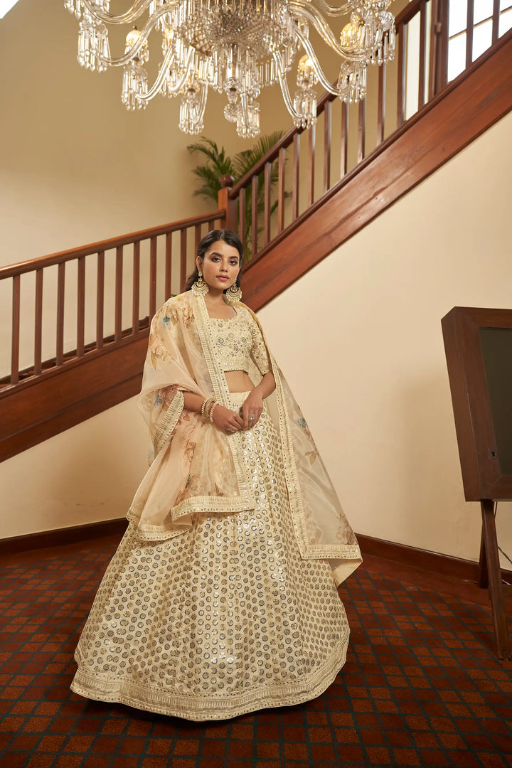 Beige Thread, Zari, Sequins Embroidered Lehenga Choli And Digital Print Dupatta | Ready To Wear - qivii