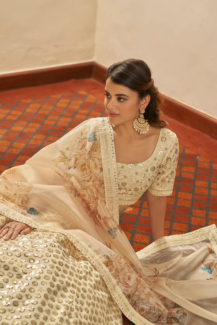 Beige Thread, Zari, Sequins Embroidered Lehenga Choli And Digital Print Dupatta | Ready To Wear - qivii