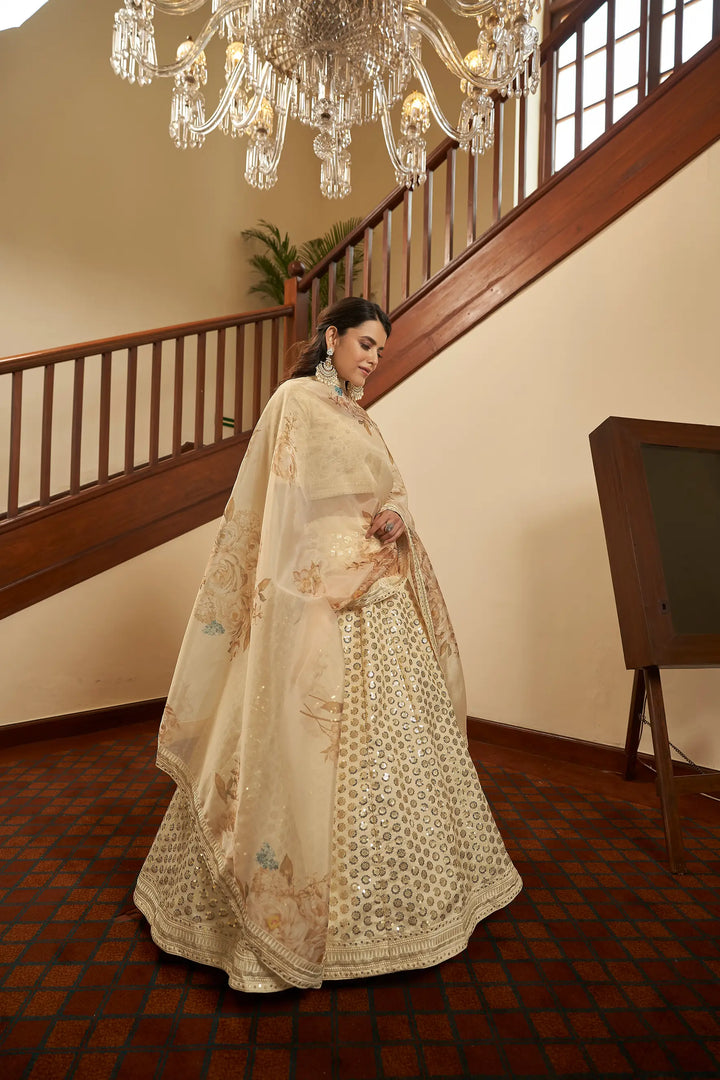 Beige Thread, Zari, Sequins Embroidered Lehenga Choli And Digital Print Dupatta | Ready To Wear - qivii