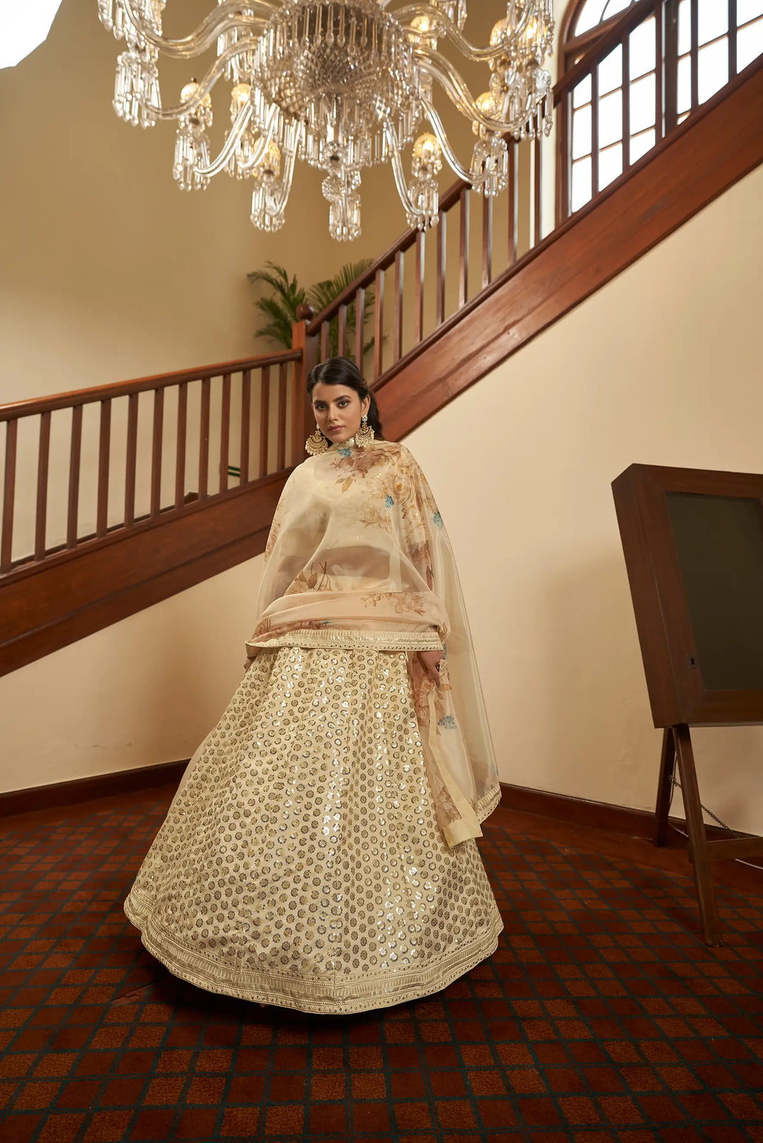 Beige Thread, Zari, Sequins Embroidered Lehenga Choli And Digital Print Dupatta | Ready To Wear - qivii