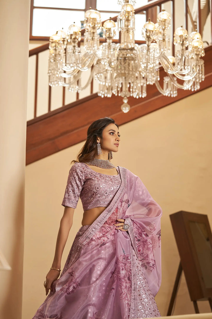Dusty Pink Thread, Zari, Sequins Embroidered Lehenga Choli And Digital Print Dupatta | Ready To Wear - qivii