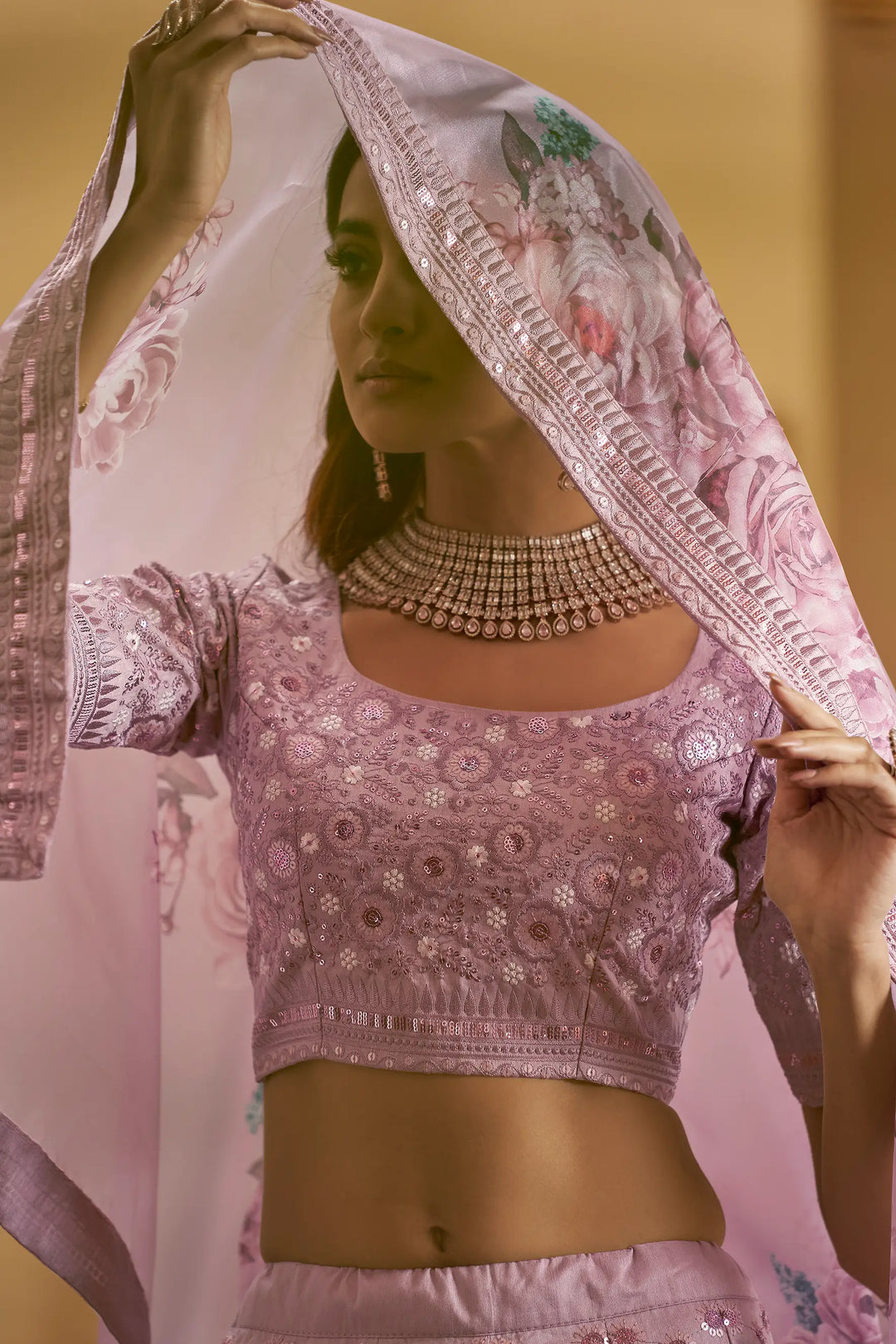 Dusty Pink Thread, Zari, Sequins Embroidered Lehenga Choli And Digital Print Dupatta | Ready To Wear - qivii