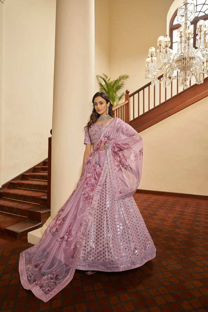 Dusty Pink Thread, Zari, Sequins Embroidered Lehenga Choli And Digital Print Dupatta | Ready To Wear - qivii
