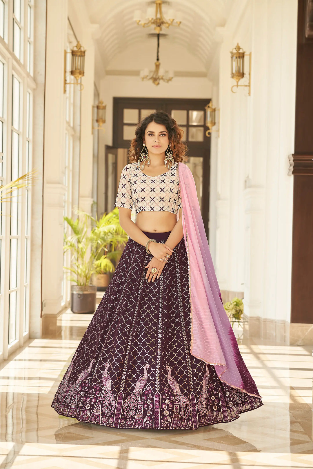 Wine Thread With Sequins Embroidered Work With Printed Dupatta | Ready To Wear - qivii