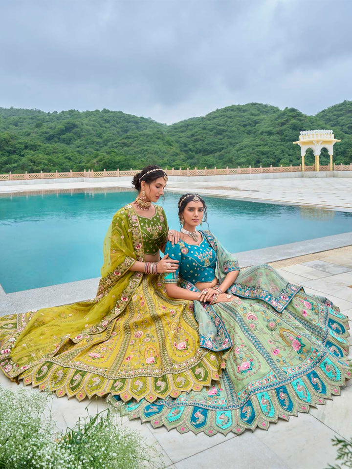 Mehendi-Green Shaded Heavy Designer Embroidered Patchwork Silk Semi Stitched Lehenga Choli - qivii