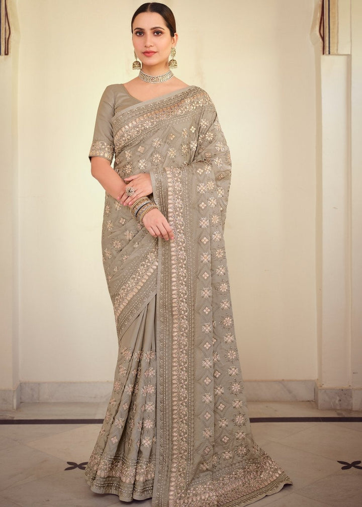 Seal Grey Designer Satin Georgette Saree with Gota & Resham work - qivii
