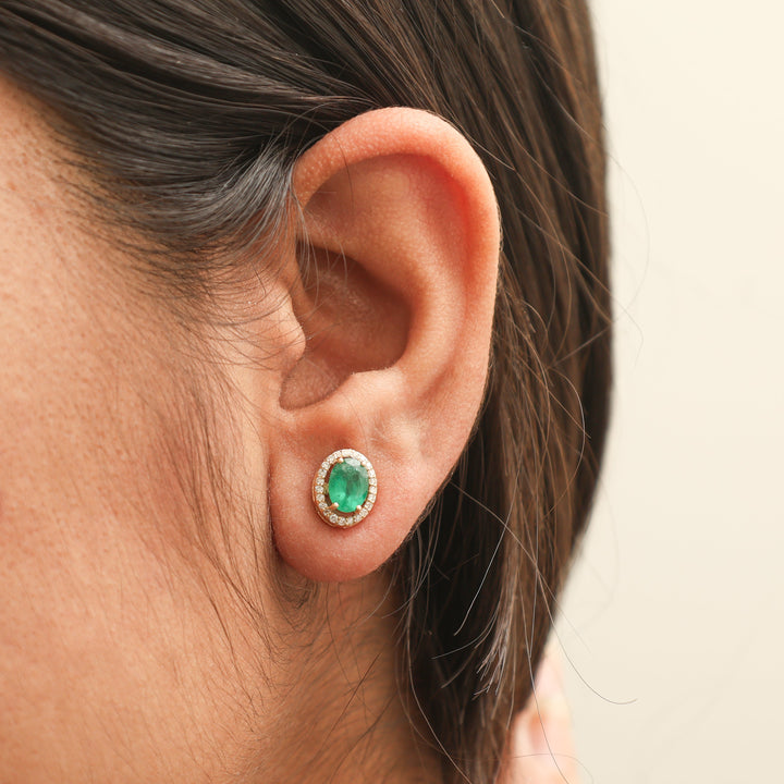 Emerald Oval Halo Diamond Studs - qivii