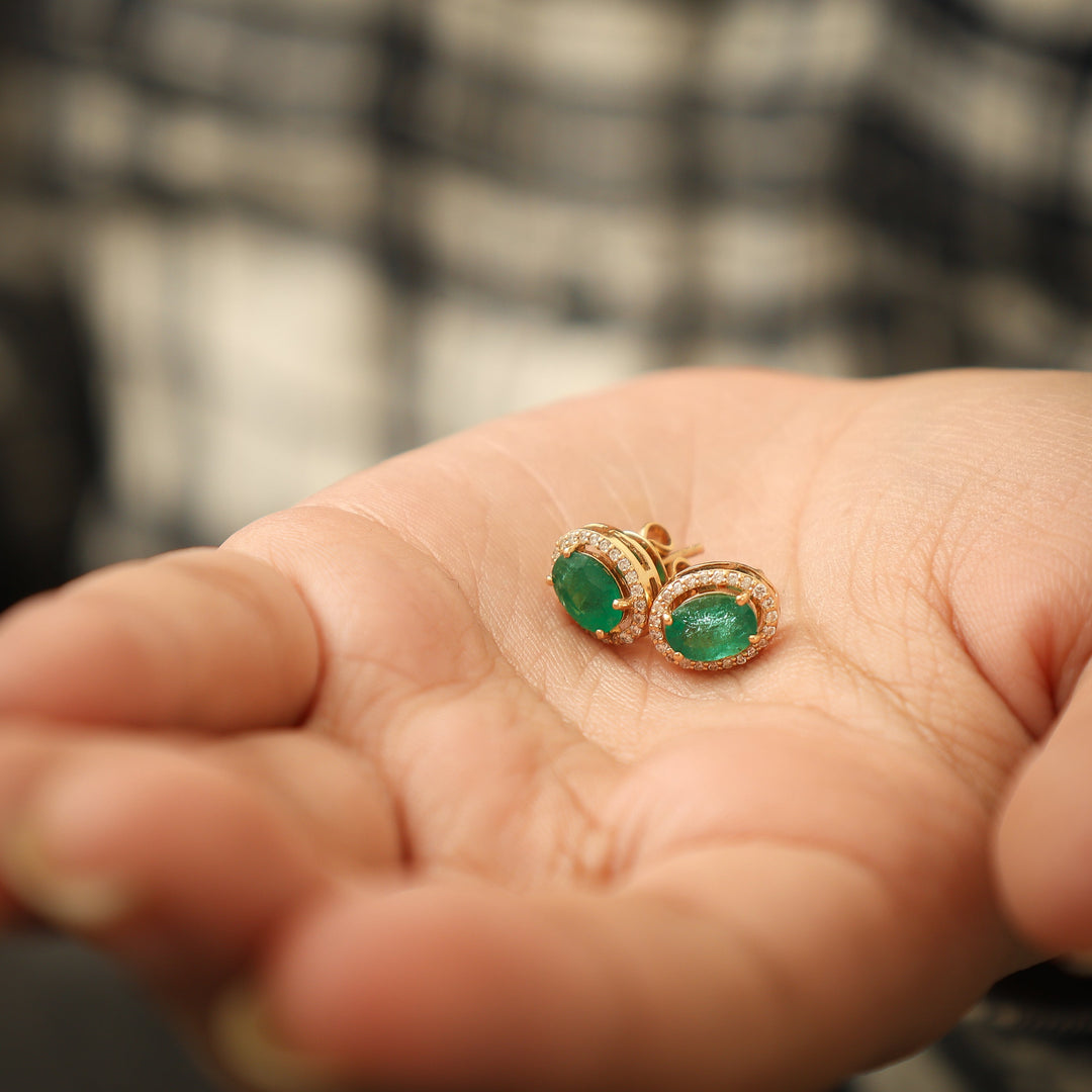 Emerald Oval Halo Diamond Studs - qivii