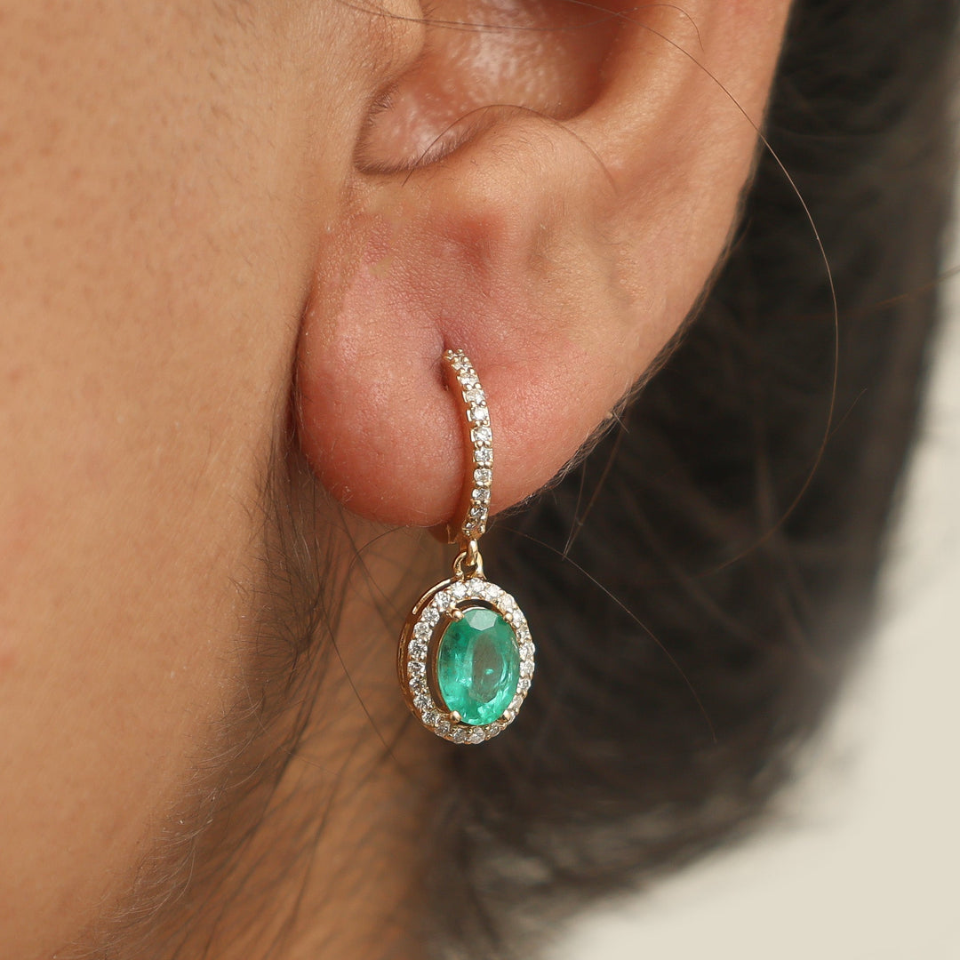Emerald Oval Diamond Halo Mini Earrings - qivii