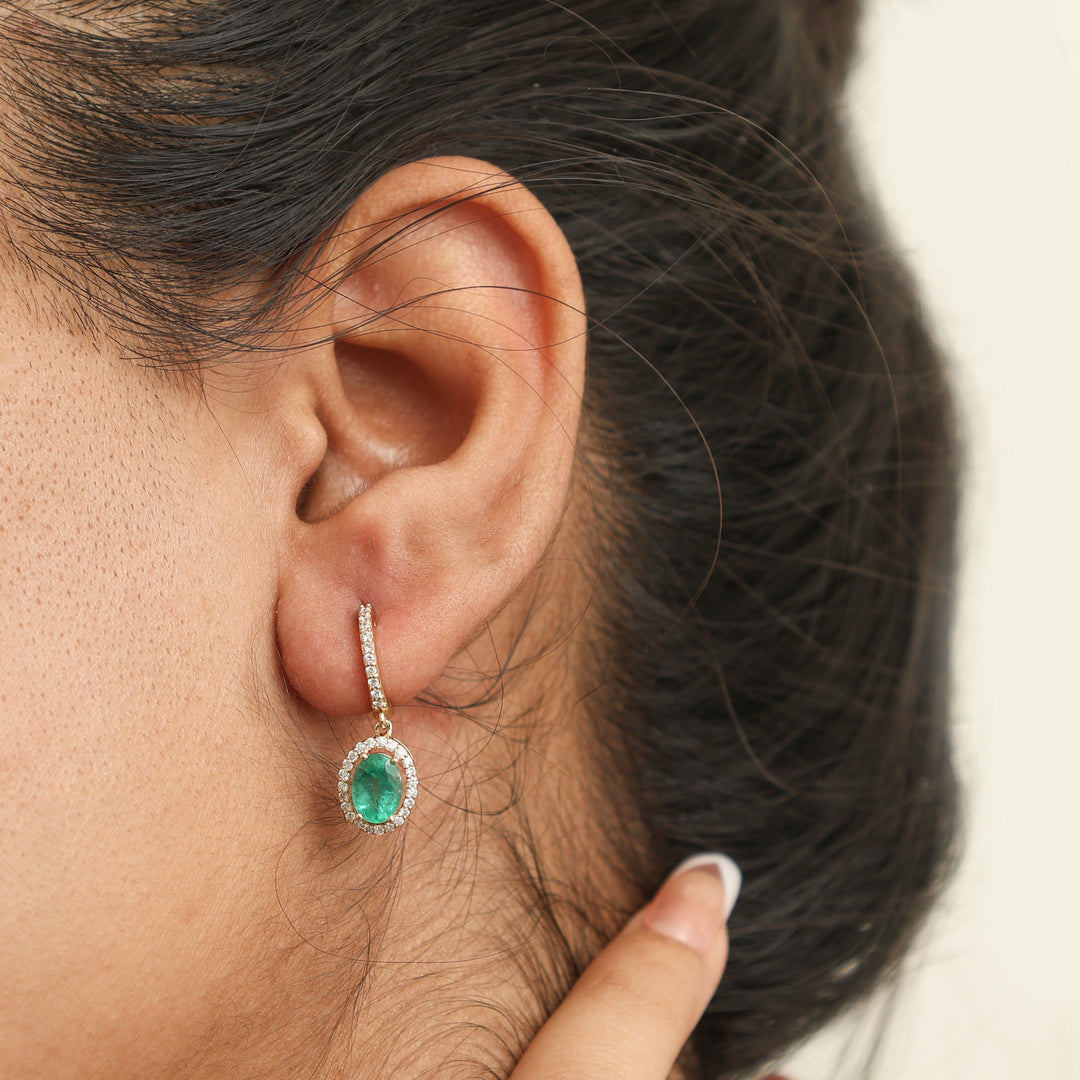 Emerald Oval Diamond Halo Mini Earrings - qivii