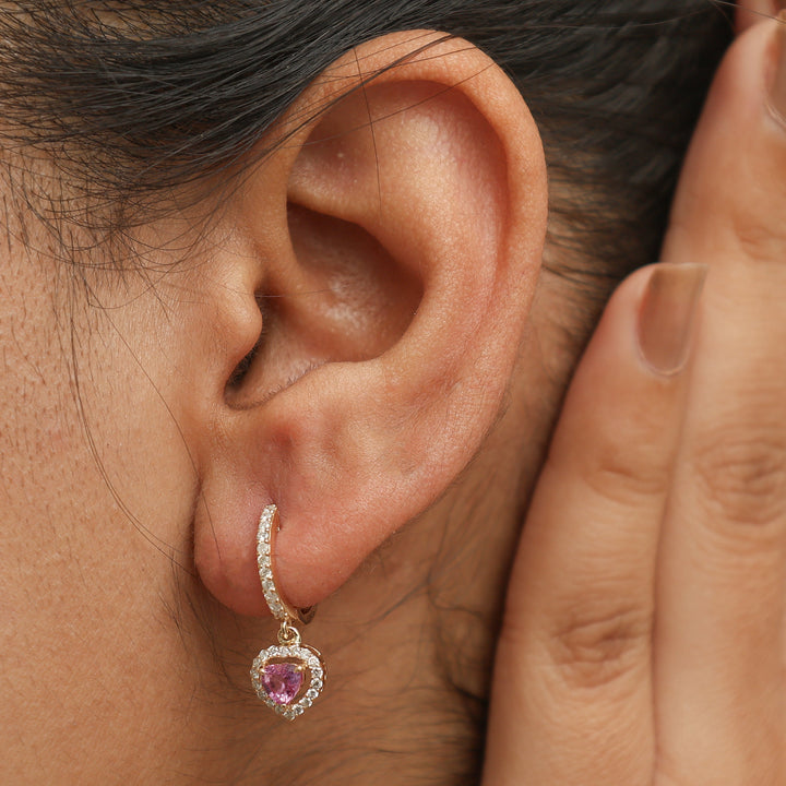 Pink Sapphire Heart Halo Diamond Mini Huggies Earrings - qivii