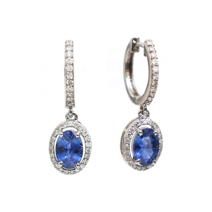 Blue Sapphire Oval Diamond Halo Mini Earrings - qivii