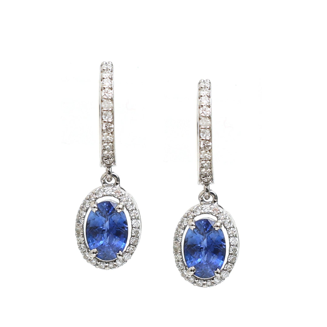 Blue Sapphire Oval Diamond Halo Mini Earrings - qivii