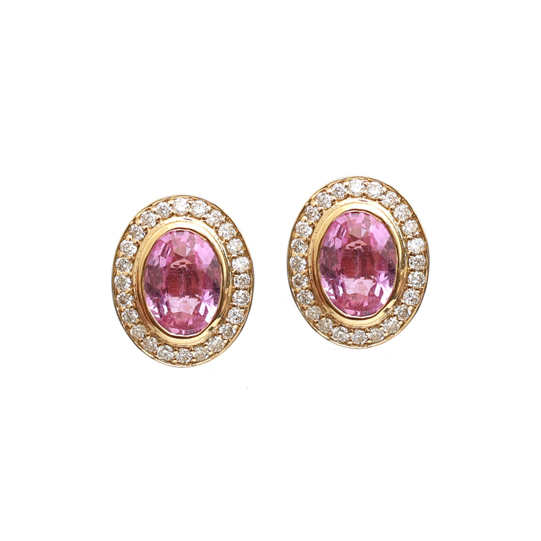 Pink Sapphire Bezel Set Oval Shape Diamond Studs - qivii