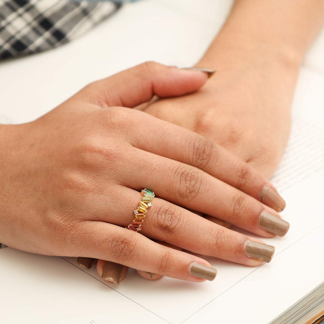 Rainbow Gemstone Diamond Zig Zag Ring - qivii