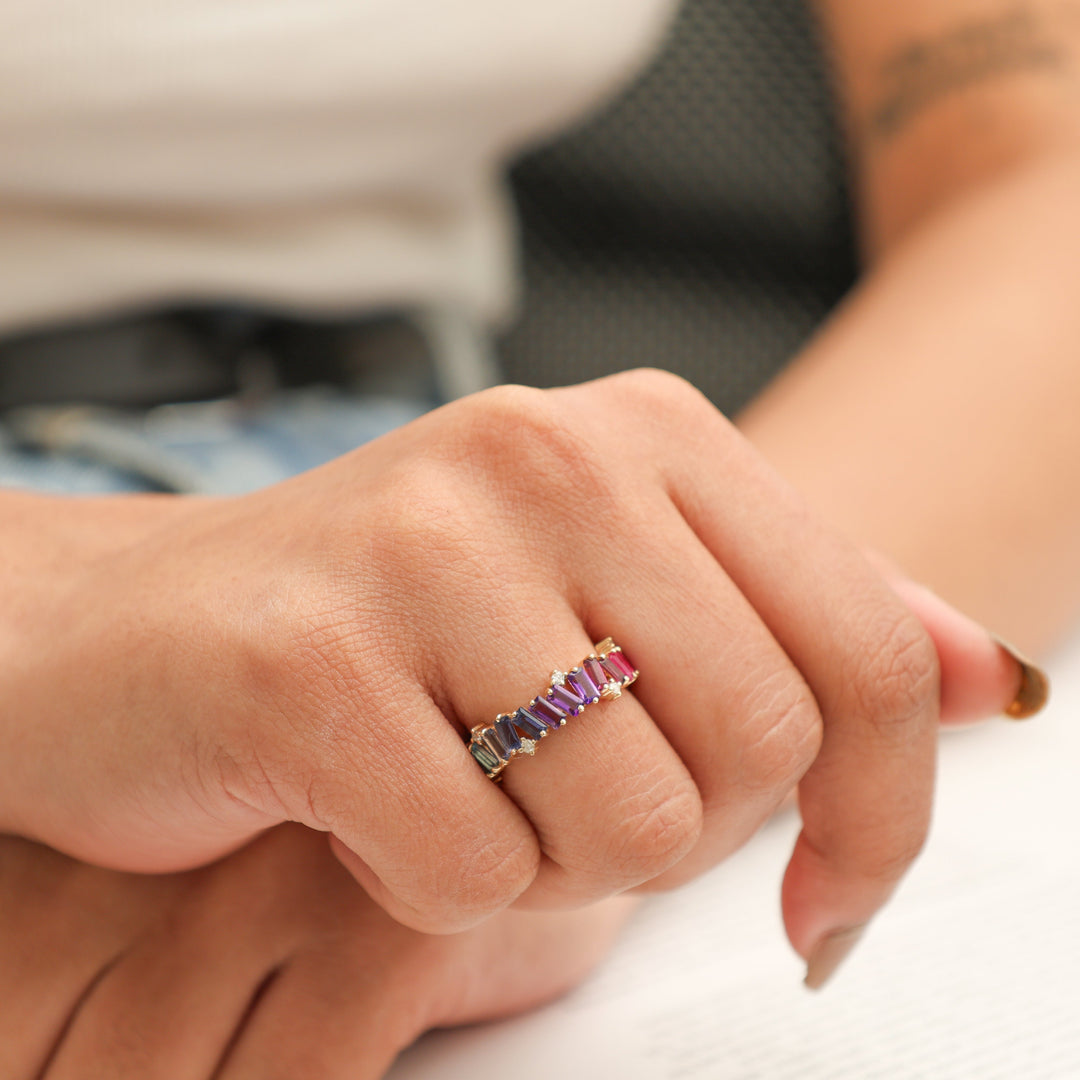 Rainbow Gemstone Diamond Zig Zag Ring - qivii